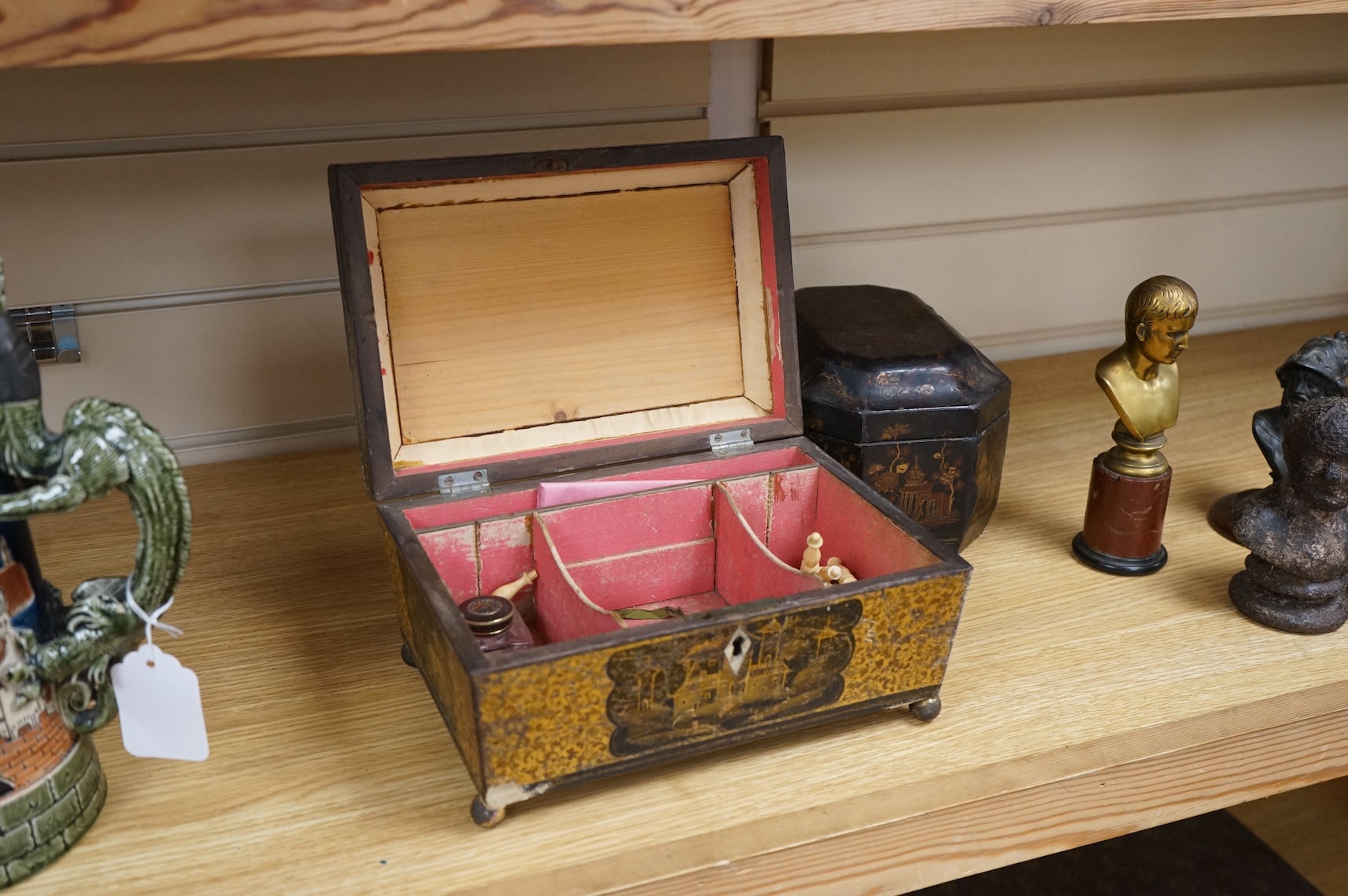 A Chinese lacquer tea caddy and a japanned sewing box (2)